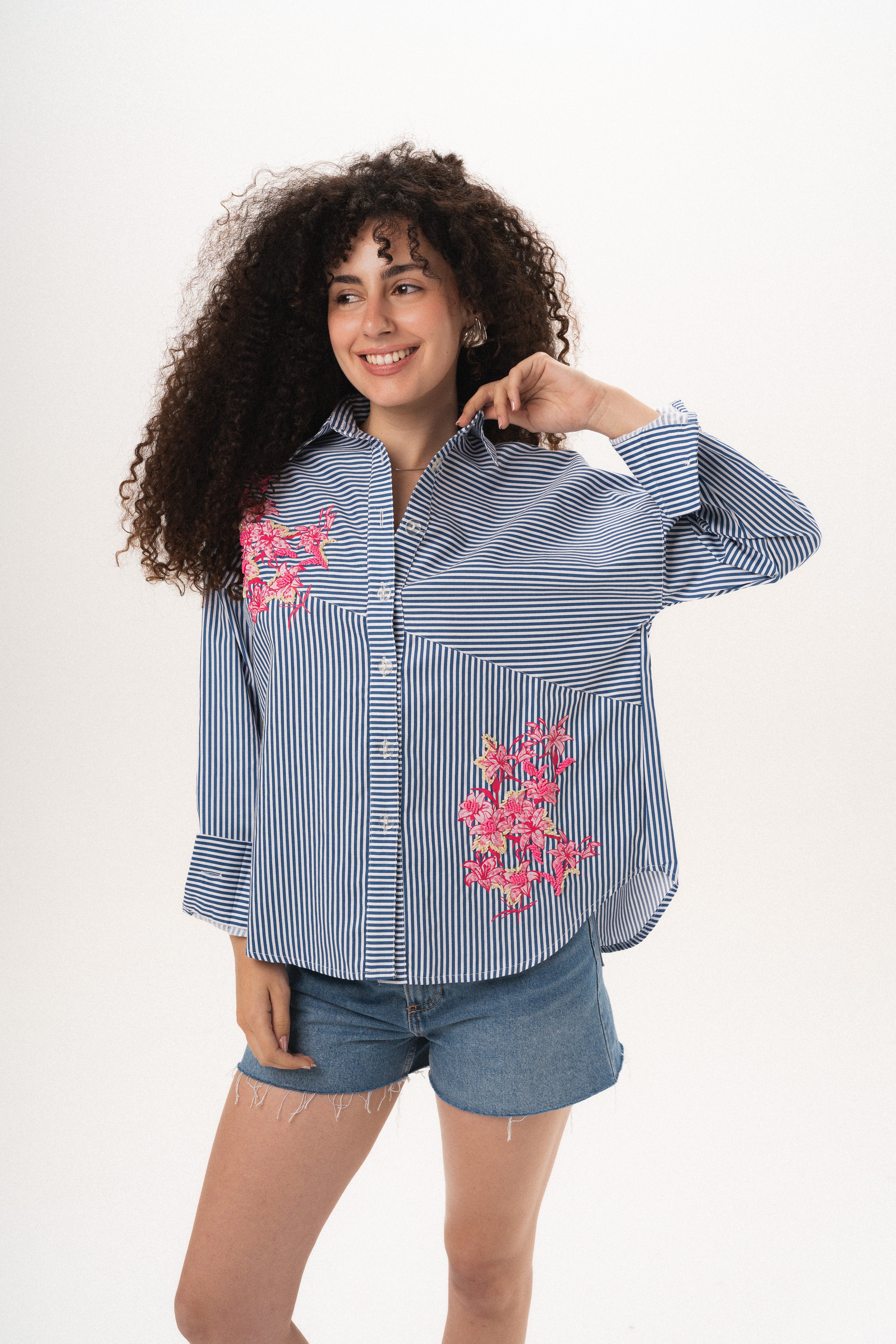 Lily Bloom Hand-Beaded Blue Stripe Shirt