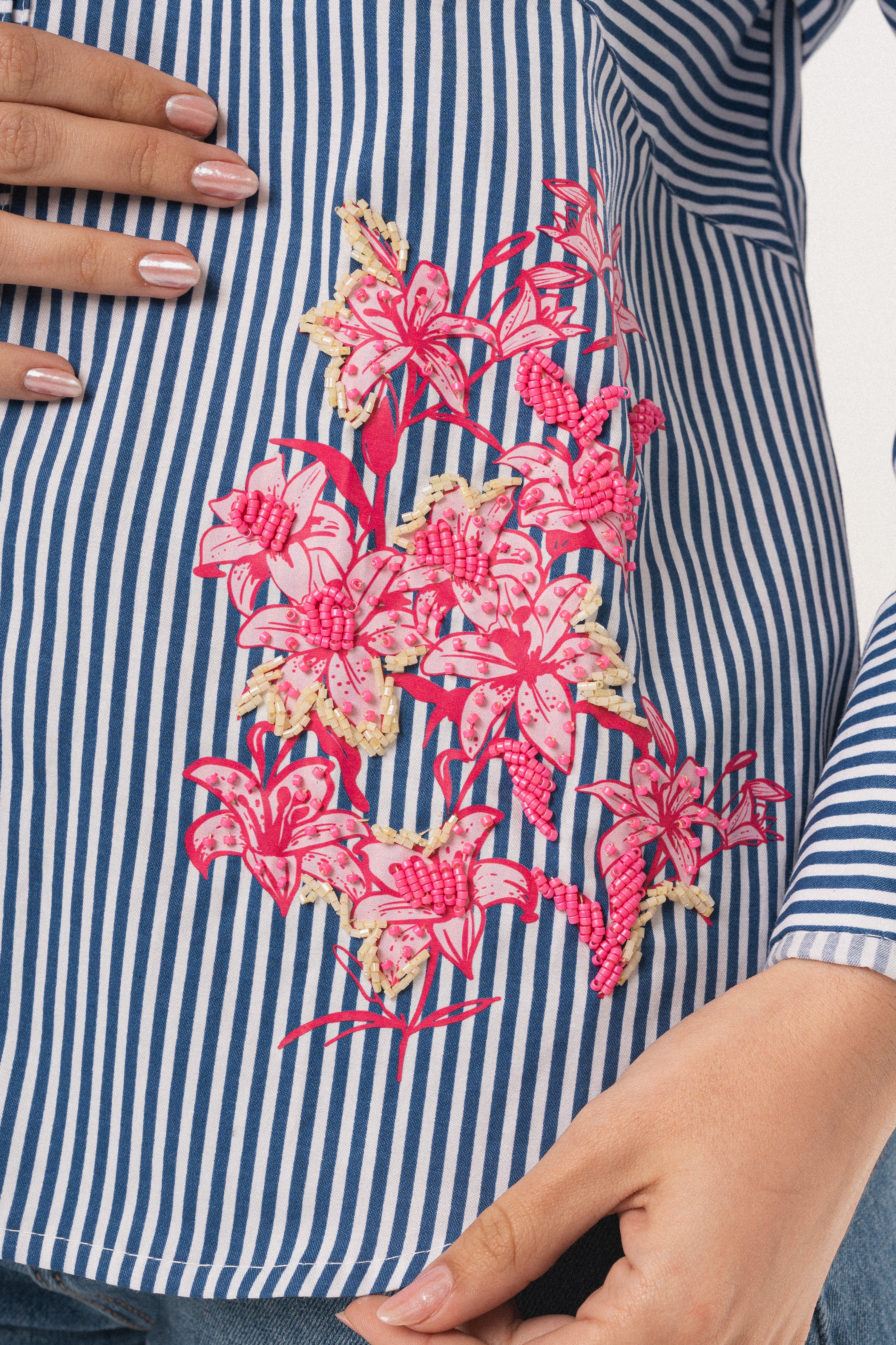 Lily Bloom Hand-Beaded Blue Stripe Shirt
