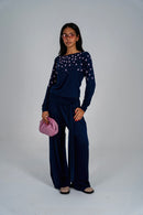 Navy Beaded Boat Neck Top