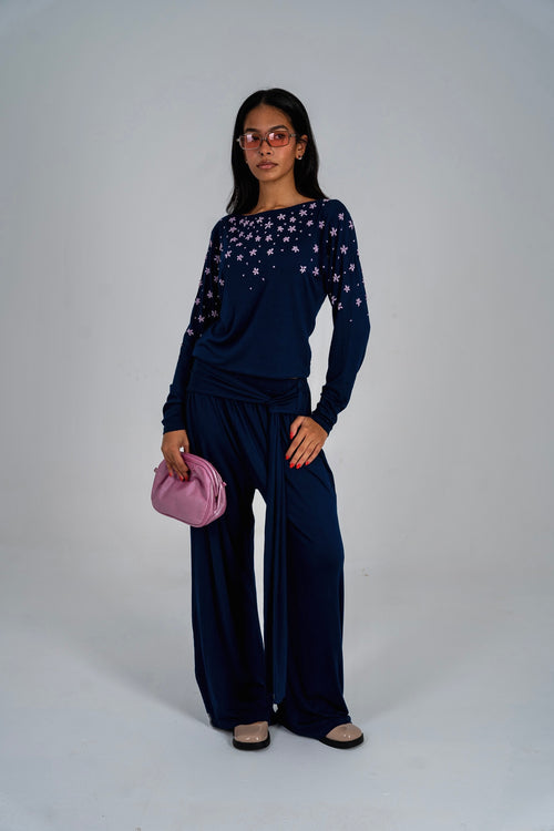 Navy Beaded Boat Neck Top