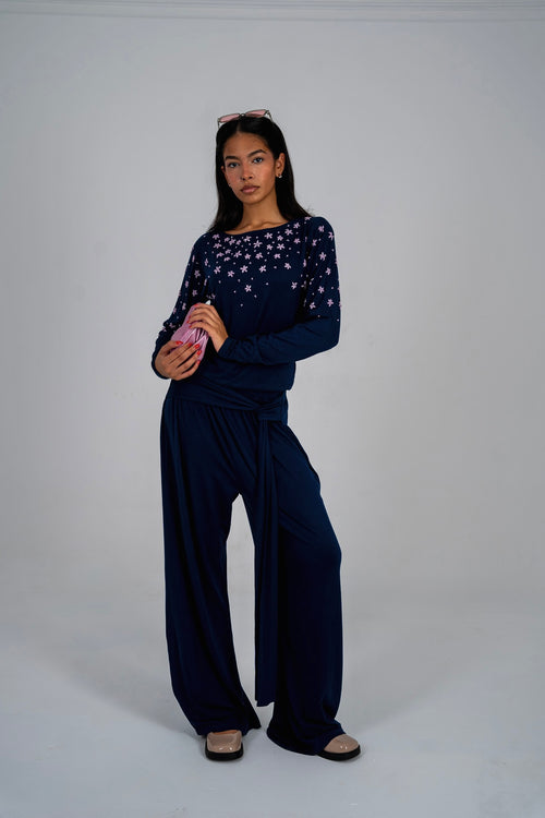 Navy Bloom Wrap Pants