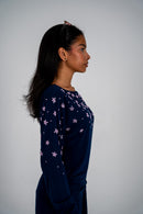 Navy Beaded Boat Neck Top