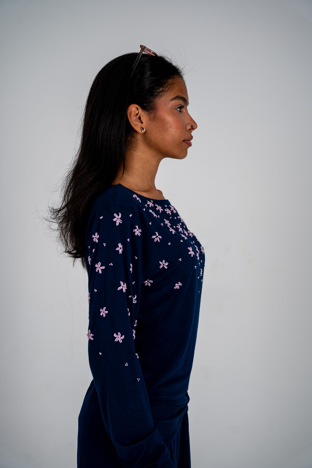 Navy Beaded Boat Neck Top