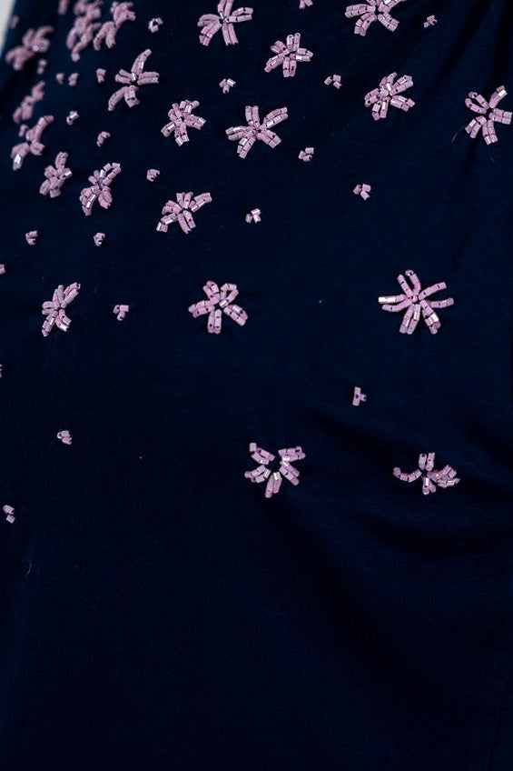 Navy Beaded Boat Neck Top
