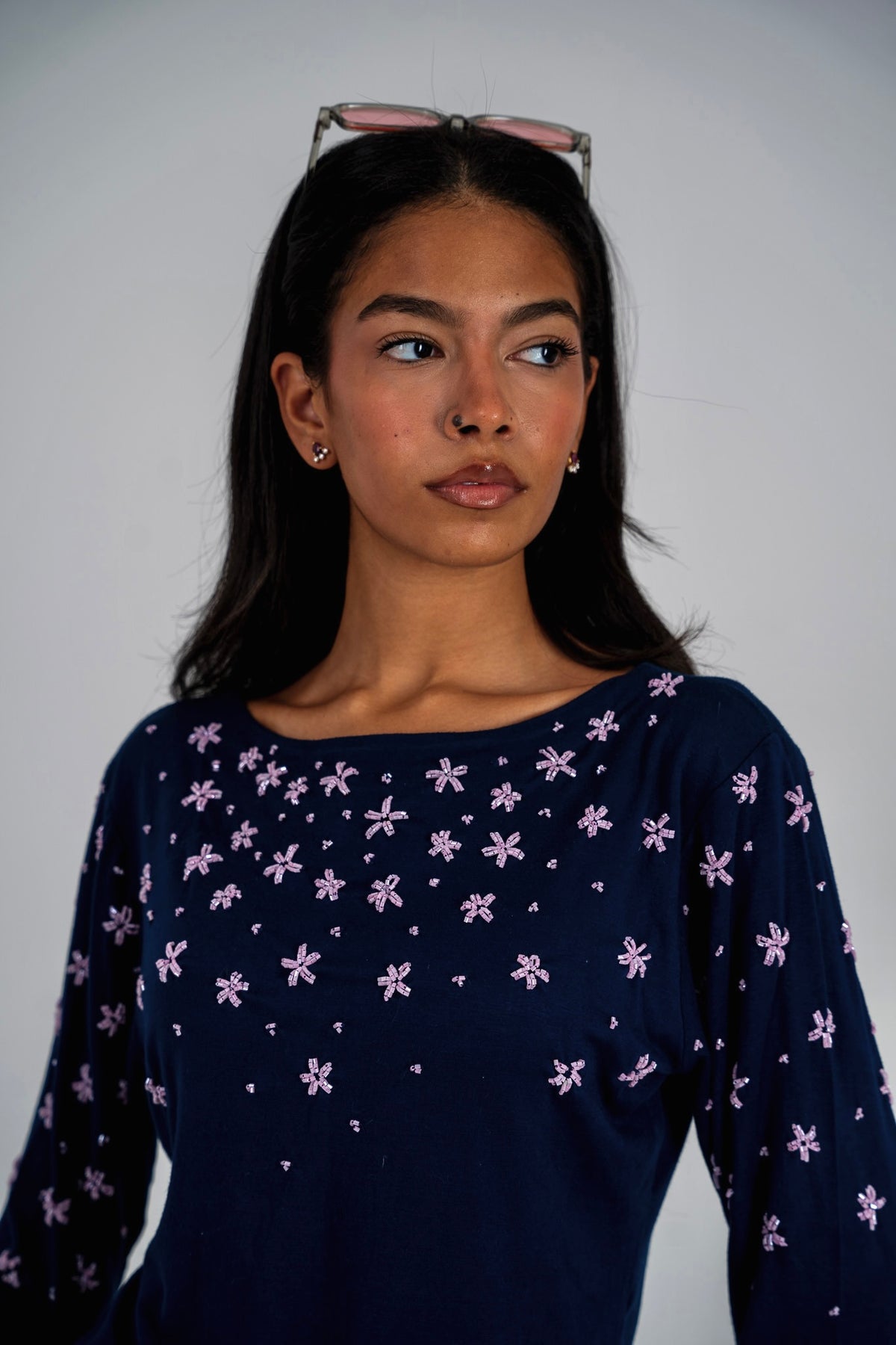 Navy Beaded Boat Neck Top