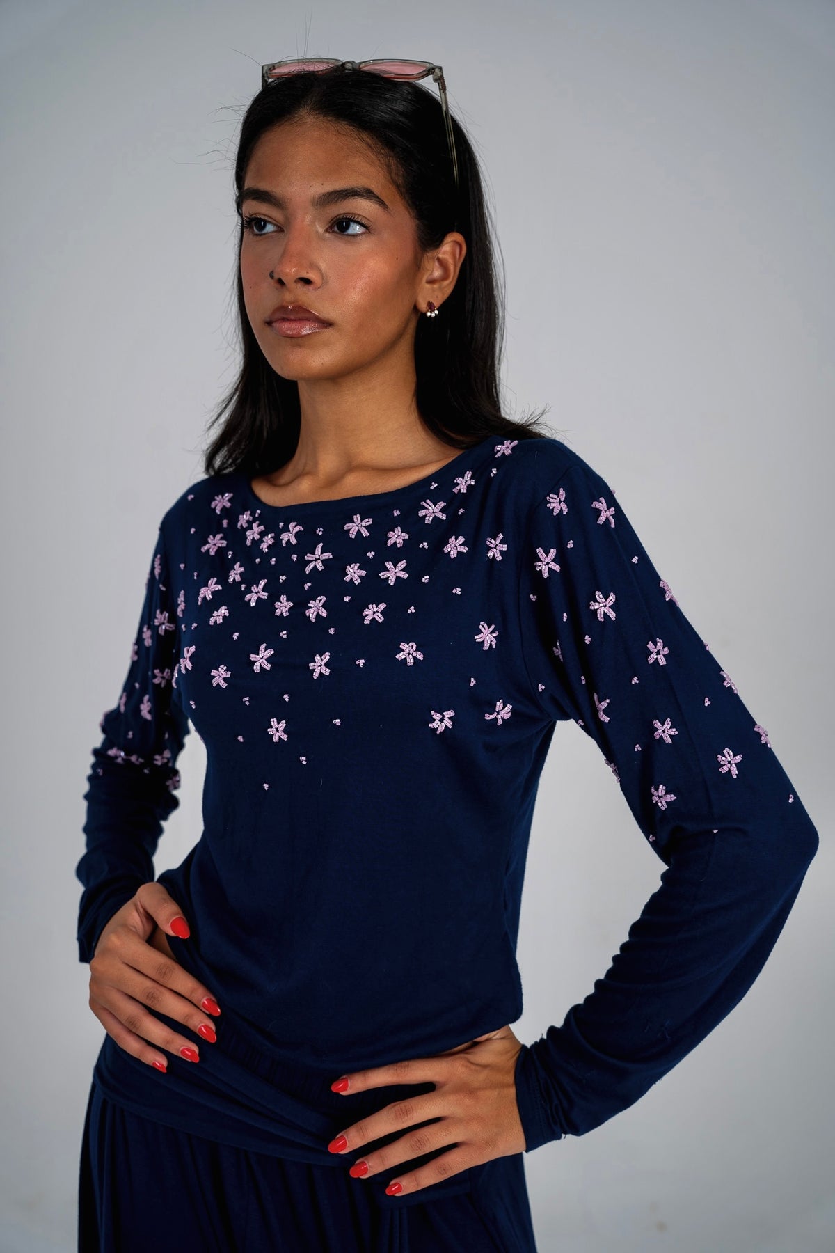 Navy Beaded Boat Neck Top
