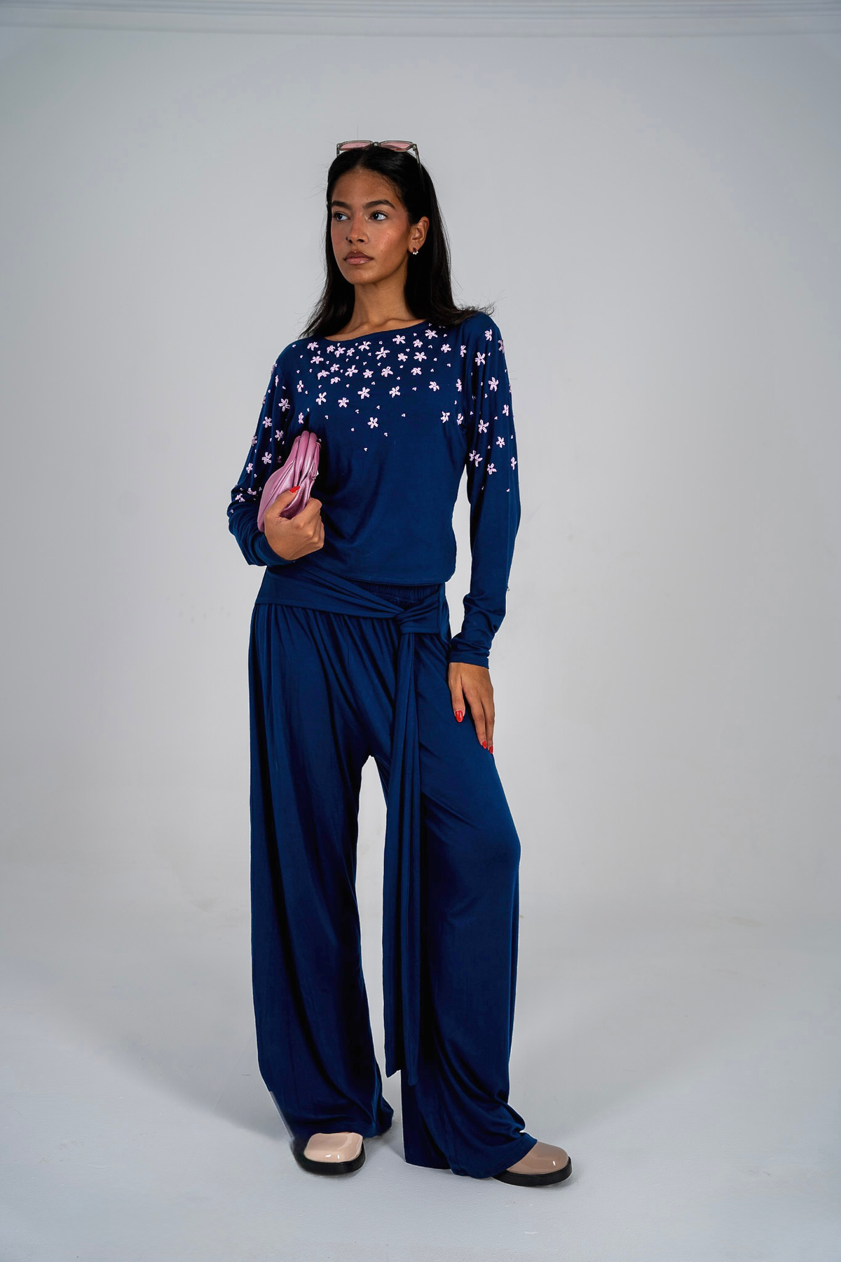 Navy Bloom Wrap Pants