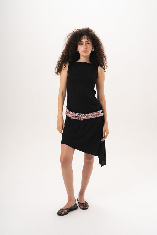 Midnight Lily Belted Asymmetrical Dress